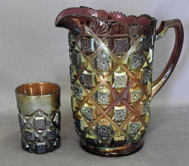 Early Checkerboard Carnival Pitcher and Juice Tumbler