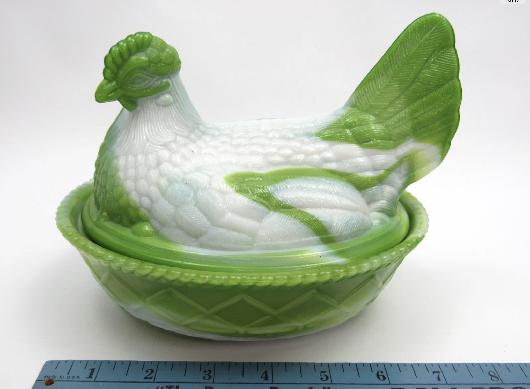 Hen on Basketweave Base Green Slag / Marble