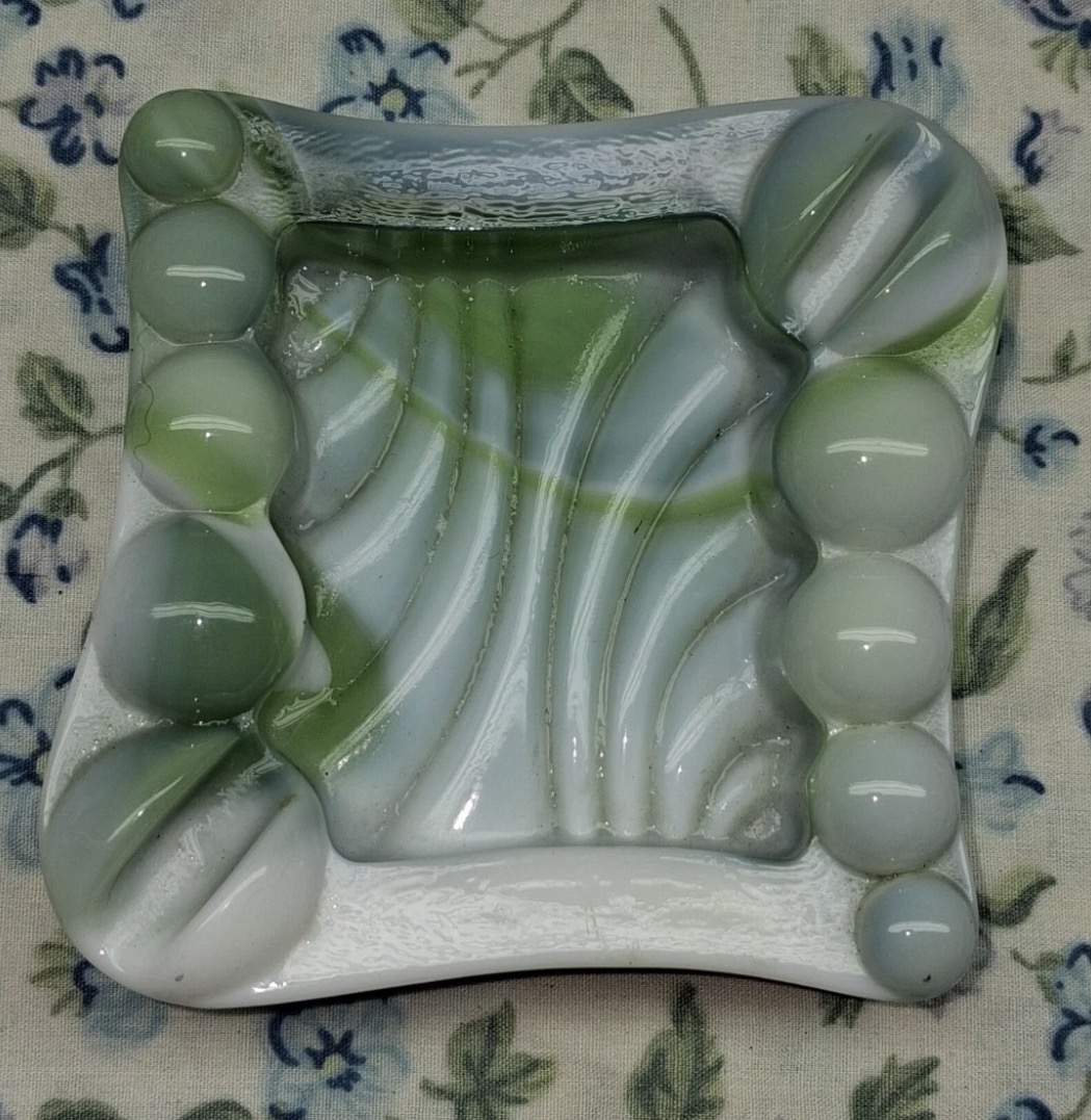 Swirl and Ball Ashtray Green Slag