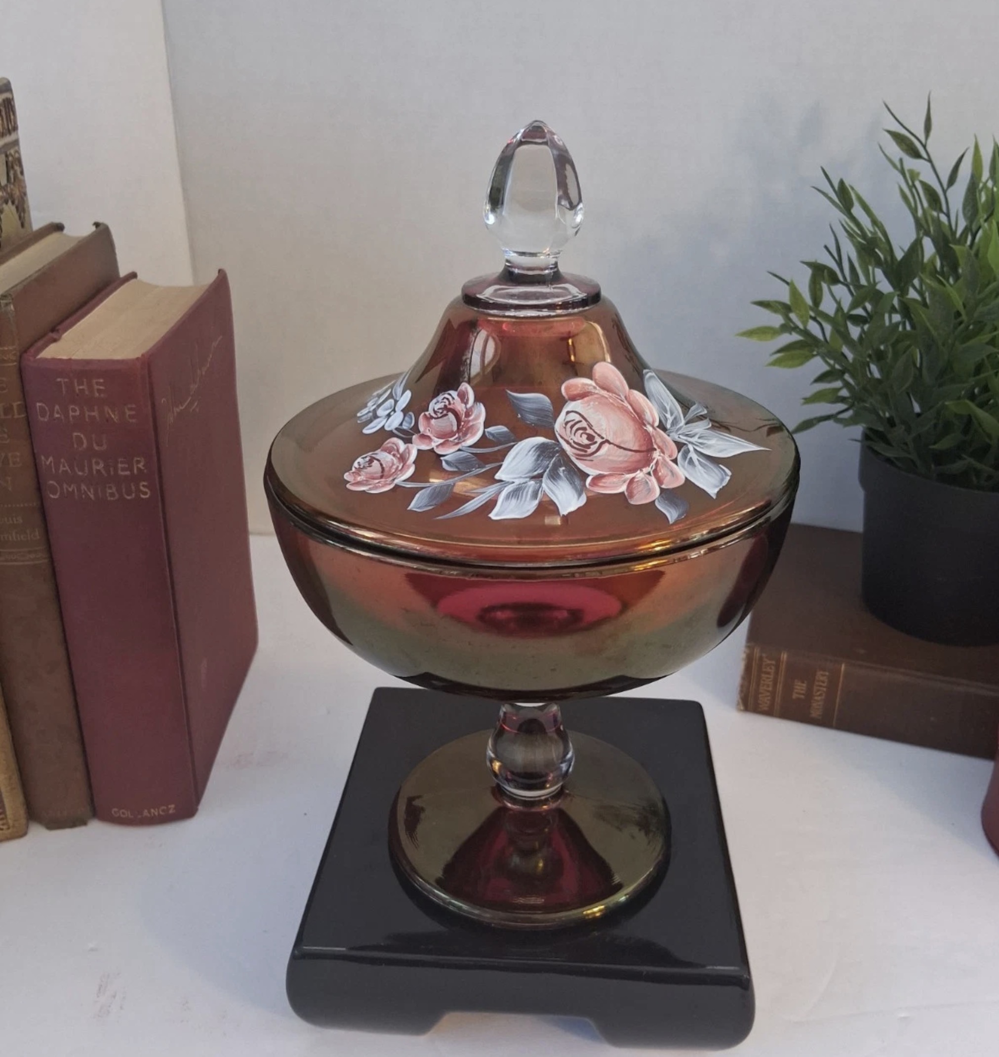 1902 Footed Compote Ruby Floral Signed E. Brown