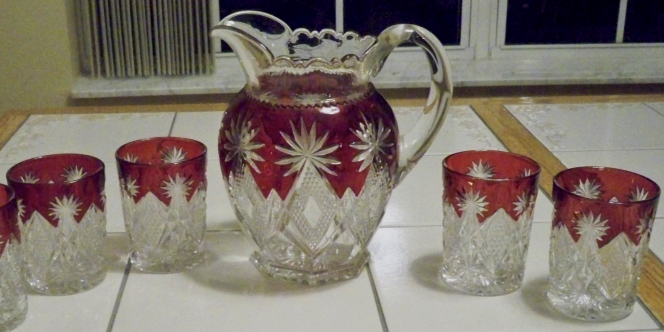 Sterling Water Pitcher and Tumblers Ruby Stain