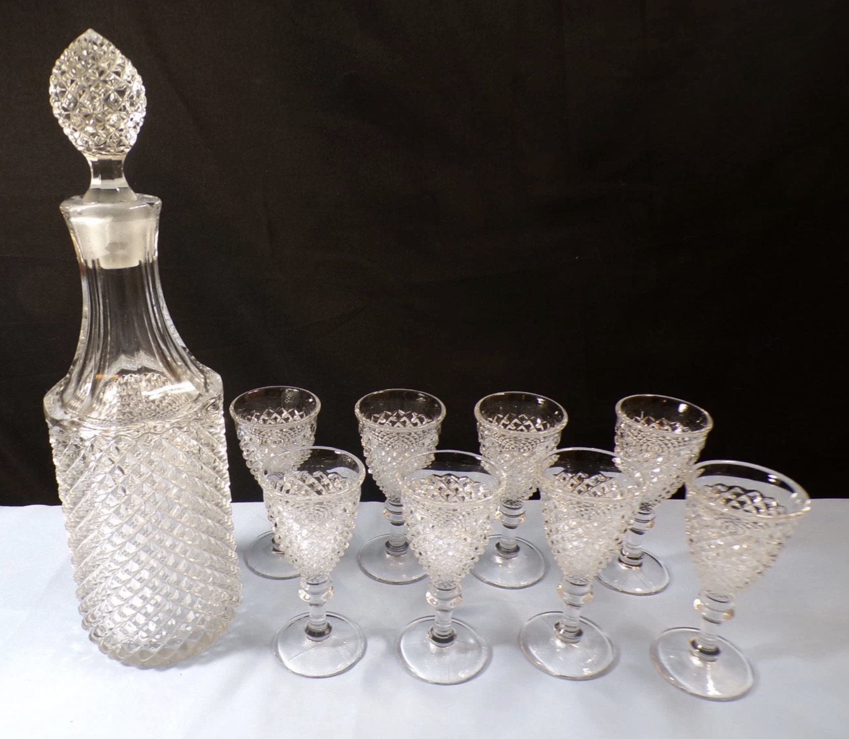 English Hobnail Decanter with Footed Cordials
